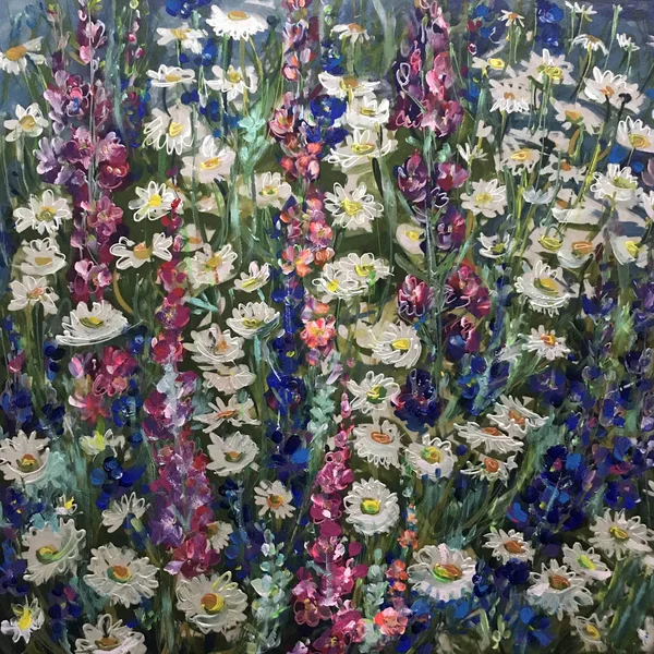 Drawing of summer meadow, violet purple flowers on the grass, new garden. Picture contains an interesting idea, evokes emotions, aesthetic pleasure. Oil natural paints. Concept art painting textural