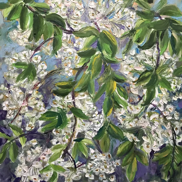 画的春天樱桃灌木 小白花在树上 新花园 图片包含一个有趣的想法 唤起情感 审美快感 油天然颜料 概念艺术绘画纹理 — 图库照片