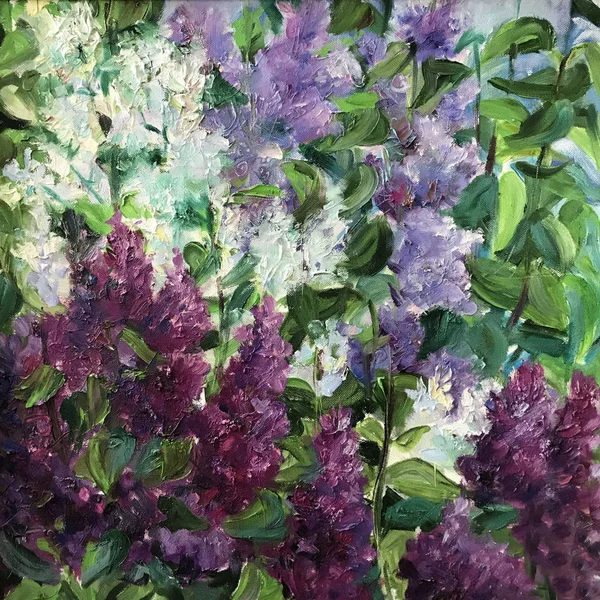 Drawing of large lilac bush, violet purple flowers on the tree, new garden. Picture contains an interesting idea, evokes emotions, aesthetic pleasure. Oil natural paints. Concept art painting textural
