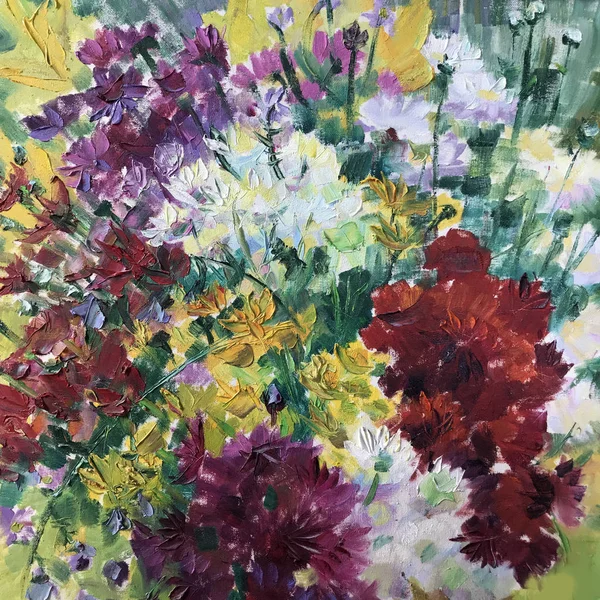 Drawing of large chrysanthemum buds, yellow, violet peony flower bouquet. Picture contains an interesting idea, evokes emotions, aesthetic pleasure. Oil natural paints. Concept art painting textural