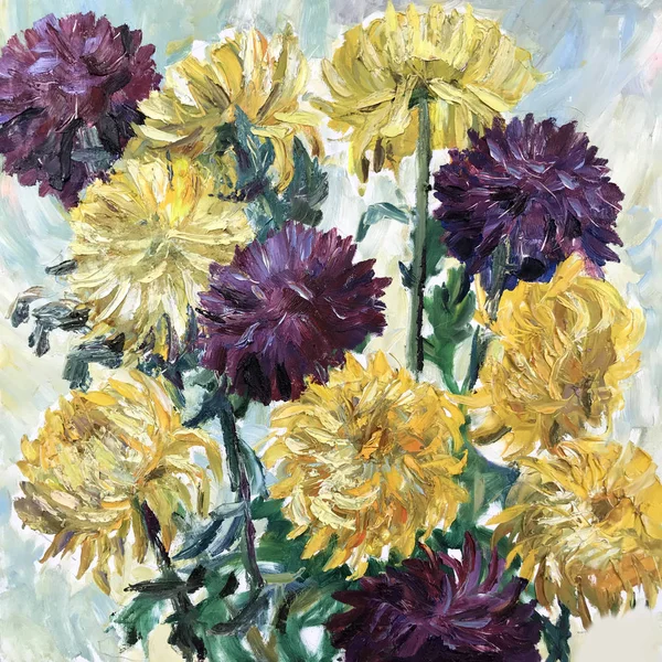 Drawing of large chrysanthemum buds, yellow, violet peony flower bouquet. Picture contains an interesting idea, evokes emotions, aesthetic pleasure. Oil natural paints. Concept art painting textural