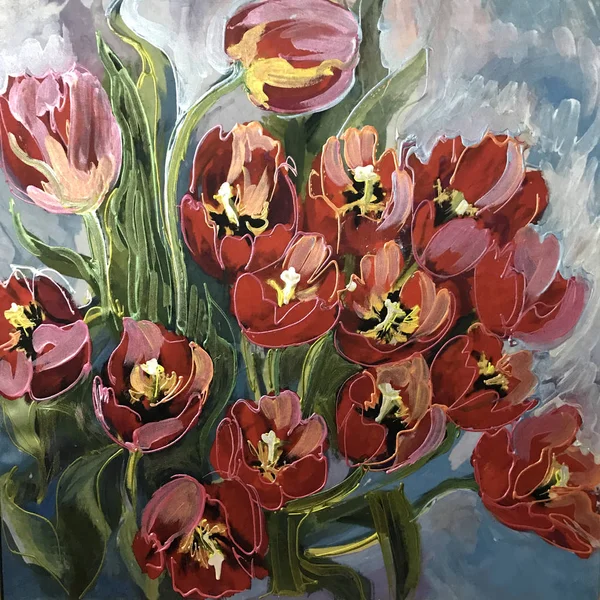 Drawing of decorative tulips red yellow flower bouquet. Picture contains an interesting idea, evokes emotions, aesthetic pleasure. Oil natural paints. Concept classic art painting textural multicolour