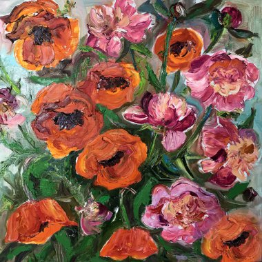 Pembe şakayık haşhaş çiçek buket çizim. Resim ilginç bir fikir içerir, duygular, estetik zevk çağrıştırır. Tuval bir sedyeye petrol doğal boyalar uzanıyordu. Konsept Sanat boyama doku