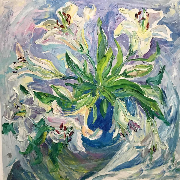 Drawing of decorative lilies, big white flower bouquet. Picture contains an interesting idea evokes emotions, aesthetic pleasure. Oil natural paints. Concept original art painting textural multicolour