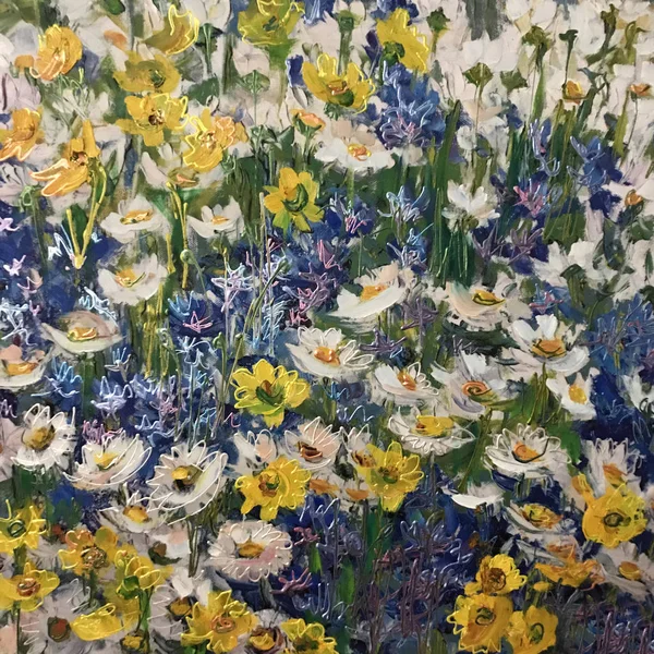 Drawing of camomile and cornflowers. Picture contains an interesting idea, evokes emotions, aesthetic pleasure. Canvas stretched on a stretcher, oil natural paints. Concept art painting texture