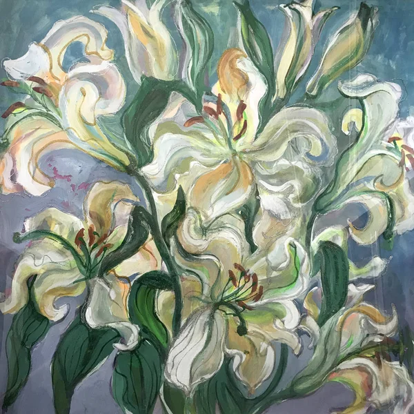 装飾的なユリ 大きな白い花の花束の図面 画像に含まれる興味深い考え 審美的な喜びの感情を呼び起こします オイル自然塗料 コンセプトのオリジナル アート絵画のテクスチャ マルチカラー — ストック写真