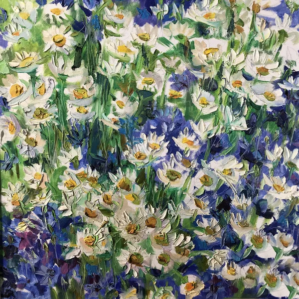 Drawing of camomile and cornflowers. Picture contains an interesting idea, evokes emotions, aesthetic pleasure. Canvas stretched on a stretcher, oil natural paints. Concept art painting texture