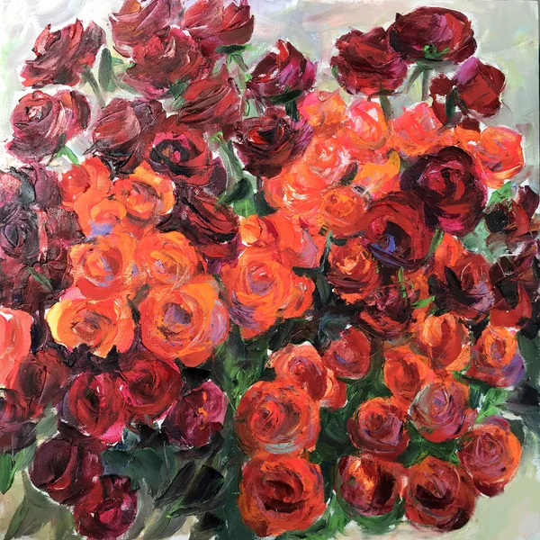 Drawing of red roses flowers bouquet. Picture contains an interesting idea, evokes emotions, aesthetic pleasure. Canvas stretched on stretcher oil natural paints. Concept original art painting texture