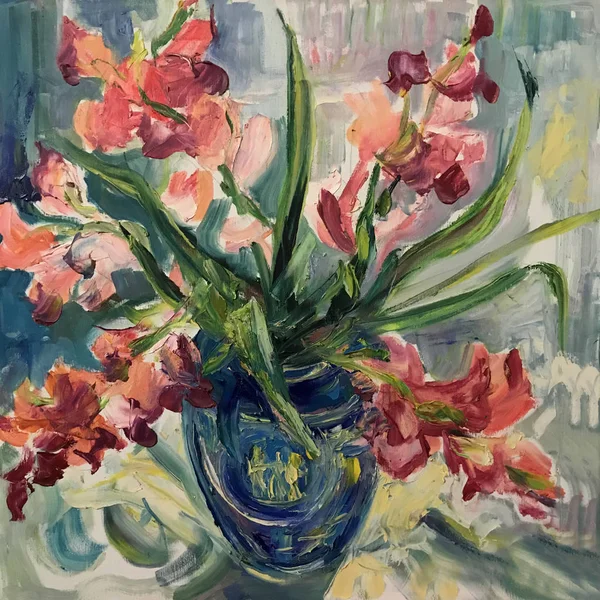 Drawing of orange gladiolus flower bouquet. Picture contains an interesting idea, evokes emotions, aesthetic pleasure. Oil natural paints. Concept art painting texture, expression impression realistic