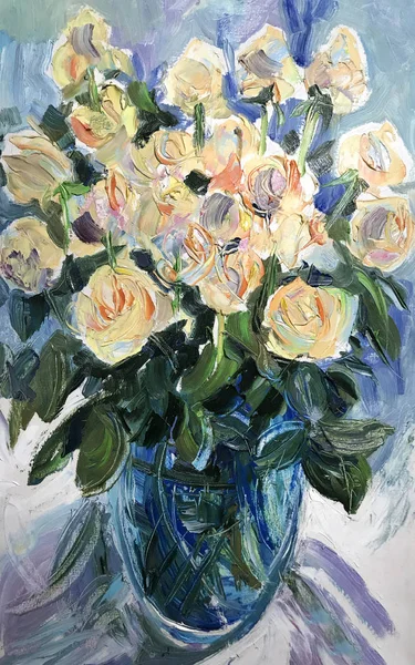 Talented Artist Painted Still Life Flowers Vase Colorful Canvas Paints — Stock Photo, Image