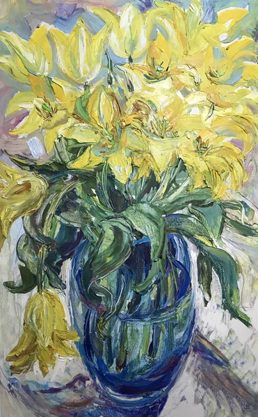 Talented artist painted a still life, flowers in a vase. Colorful canvas of paints, depicts bright summer picture. Draw with large strokes in pasty technique. Realistic painting, original art concept