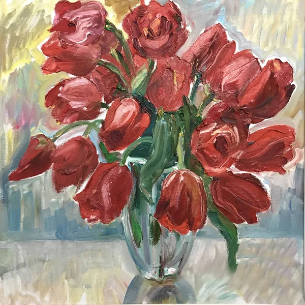 Talangfull Konstnär Målade Ett Stilleben Blommor Vas Färgglada Målarduk Skildrar — Stockfoto