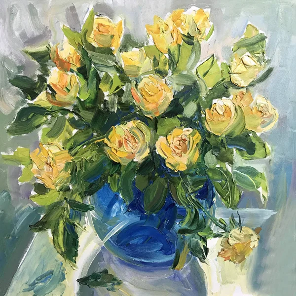 Talented artist painted a still life, flowers in a vase. Colorful canvas of paints, depicts bright summer picture. Draw with large strokes in pasty technique. Realistic painting, original art concept