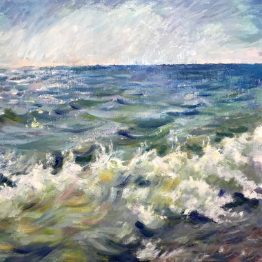 Çizim dalgalar deniz, beyaz köpük, rüzgarlı fırtına. Resim ilginç fikir içeren, duygular, estetik zevk çağrıştırır. Tuval bir sedyeye petrol doğal boyalar uzanıyordu. Konsept sanat boyama doku
