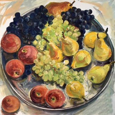 Natürmort resim meyve. Gerçekçi tuval üzerine yağlı boya. Meyve vardır güzel düzenlenmiş, kompozisyon bir yuvarlak tepsi. Bir sürü büyük demet mavi üzüm, sarı armut, elma, vitamini ayva