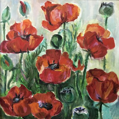 Büyük dekoratif kırmızı haşhaş çiçek buket çizim. Resim ilginç bir fikir içerir, duygular, estetik zevk çağrıştırır. Petrol doğal boyalar. Kavramı klasik sanat resim dokusal multicolour