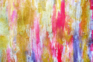 Duvardaki boyalar soyut streams. Modern dokulu sanat. Boya akışı. Parlak renkler parlak sarı pembe altın glitter altın parlak guaş petrol suluboya. Dinamik renk tasarım bırakır. Kağıt kurulu 