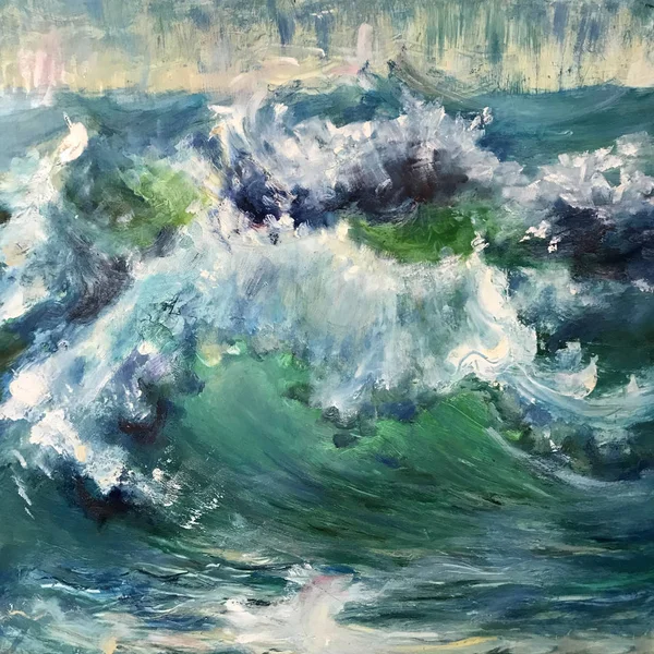 Drawing of sea waves, white foam, windy storm. Picture contains interesting idea, evokes emotions, aesthetic pleasure. Canvas stretched on a stretcher, oil natural paints. Concept art painting texture