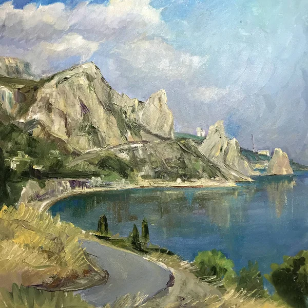 Drawing of bank Crimea, View on Simeiz coast. Picture contains an interesting idea, evokes emotions, aesthetic pleasure. Canvas stretched on stretcher, oil natural paints. Concept art painting texture