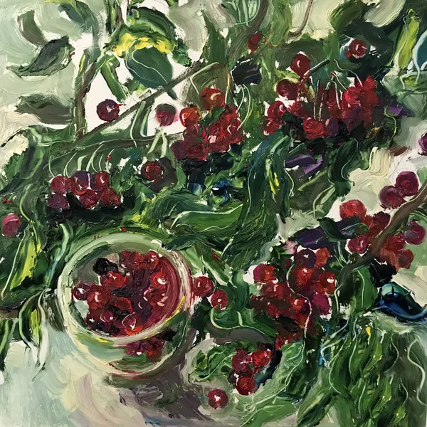 Drawing of tasty fruits red cherries. Picture contains an interesting idea, evokes emotions, aesthetic pleasure. Canvas stretched on a stretcher, oil natural paints. Conceptual art painting texture