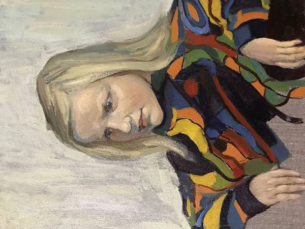 Drawing of young girl relaxing at home. Picture contains an interesting idea, evokes emotions, aesthetic pleasure. Canvas stretched on a stretcher, oil natural paints. Concept art painting textural