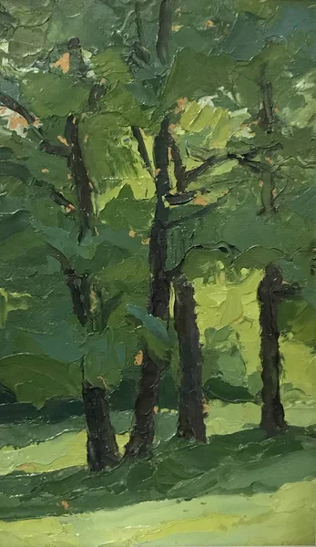 用新的油画画的乡村风景 巨大的大树 积极的色彩诗意的心情 明亮的颜色叶子 艺术家广泛的画笔笔触所代表的环境 — 图库照片