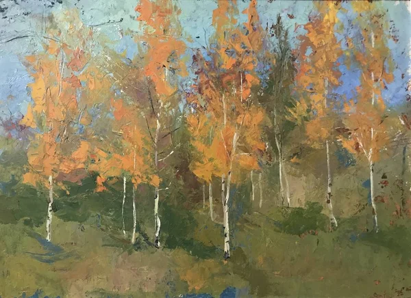 Country landscape painted with new oil paints. Blue sky behind huge white birch trees, green grass. Positive color poetic mood. Fire foliage Environment is represented by wide voluminous brush strokes