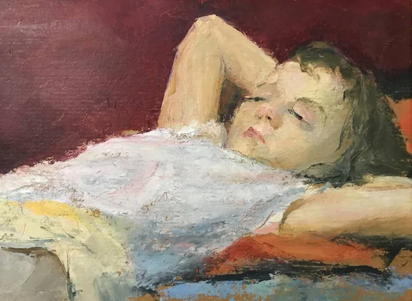 Drawing of young girl relaxing at home. Picture contains an interesting idea, evokes emotions, aesthetic pleasure. Canvas stretched on a stretcher, oil natural paints. Concept art painting textural
