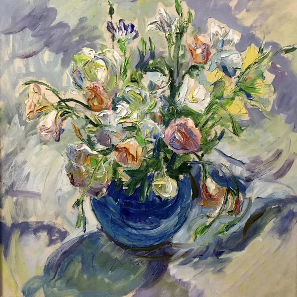 Talented artist painted a still life, flowers in a vase. Colorful canvas of paints, depicts bright summer picture. Draw with large strokes in pasty technique. Realistic painting, original art concept