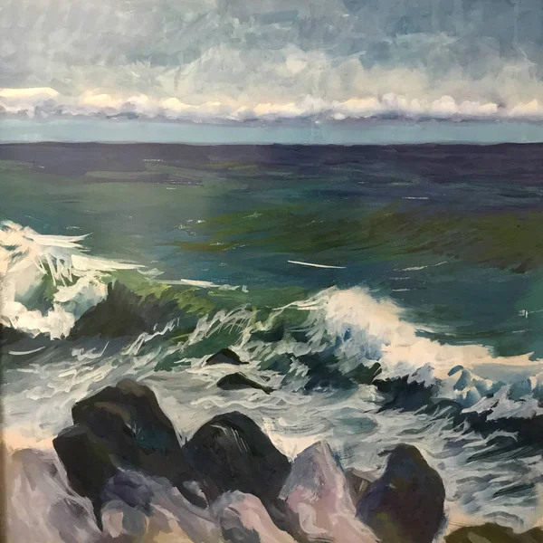 Drawing of sea waves, white foam, windy storm. Picture contains interesting idea, evokes emotions, aesthetic pleasure. Canvas stretched on a stretcher, oil natural paints. Concept art painting texture