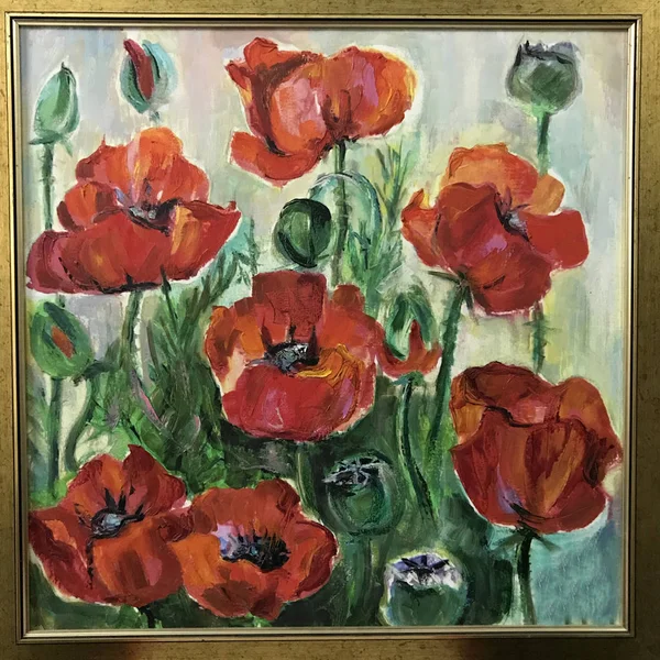 Drawing of big decorative red poppies flower bouquet. Picture contains an interesting idea, evokes emotions, aesthetic pleasure. Oil natural paints. Concept classic art painting textural multicolour