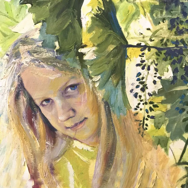 Pretty face of young beautiful girl. Blonde lady, long light blond hair. Peeks out from under the green leaves, secret garden. Sunny morning or day. Painting oil paints, abstract strokes style realism