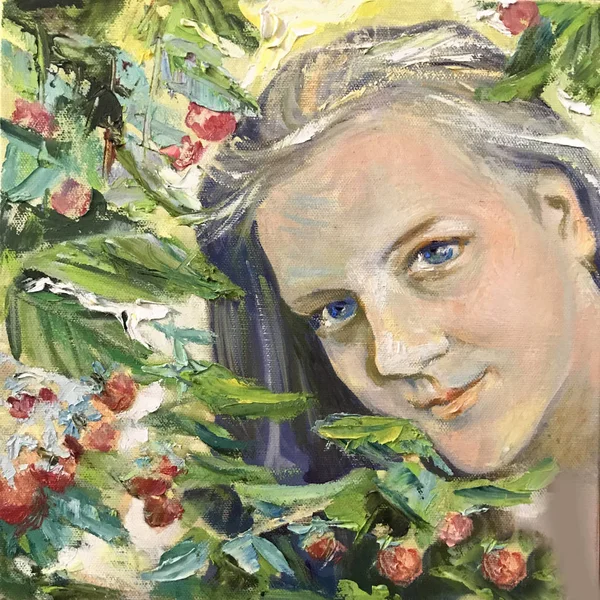 Pretty face of young beautiful girl. Blonde lady, long light blond hair. Peeks out from under the green leaves, secret garden. Sunny morning or day. Painting oil paints, abstract strokes style realism
