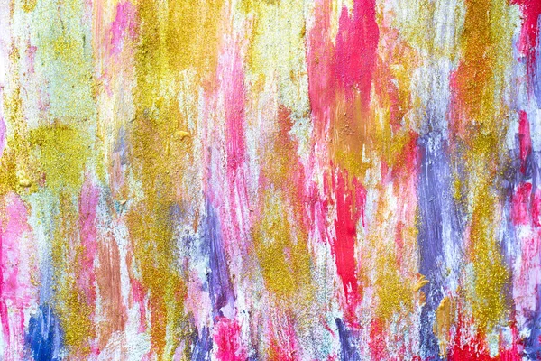 Abstract streams of paints on the wall. Modern textured arts. Paint stream. Bright colours bright yellow pink gold glitter golden shiny gouache oil watercolor. Dynamic color drops design. Paper board