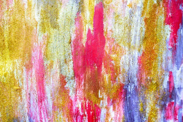 Abstract streams of paints on the wall. Modern textured arts. Paint stream. Bright colours bright yellow pink gold glitter golden shiny gouache oil watercolor. Dynamic color drops design. Paper board