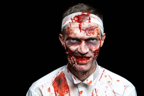 Crazy Zombie Horror Make Person White Shirt Bloody Sweat Scars — Stock Photo, Image