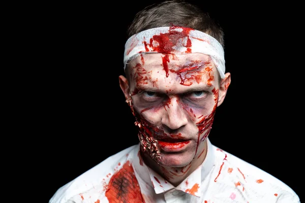 Crazy Zombie Horror Make Person White Shirt Bloody Sweat Scars — Stock Photo, Image