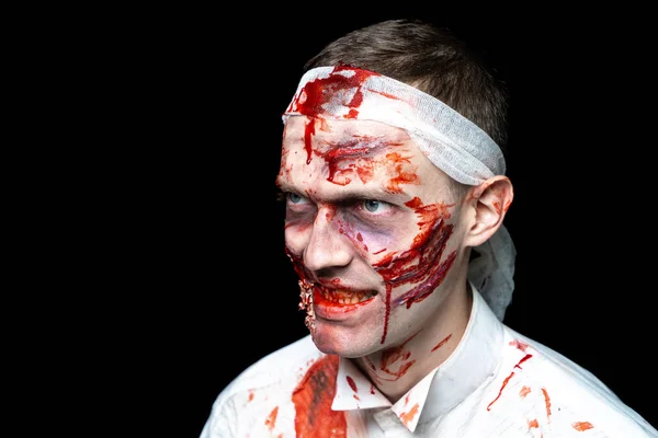 Crazy Zombie Horror Make Person White Shirt Bloody Sweat Scars — Stock Photo, Image