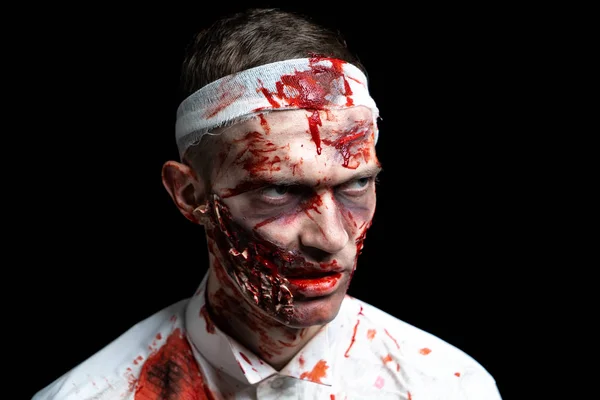 Crazy Zombie Horror Make Person White Shirt Bloody Sweat Scars — Stock Photo, Image
