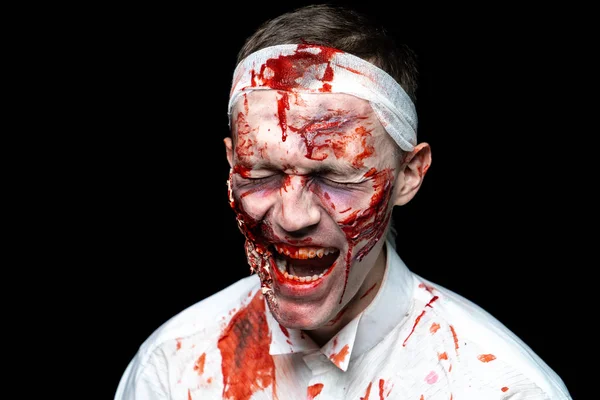 Crazy Zombie Horror Make Person White Shirt Bloody Sweat Scars — Stock Photo, Image