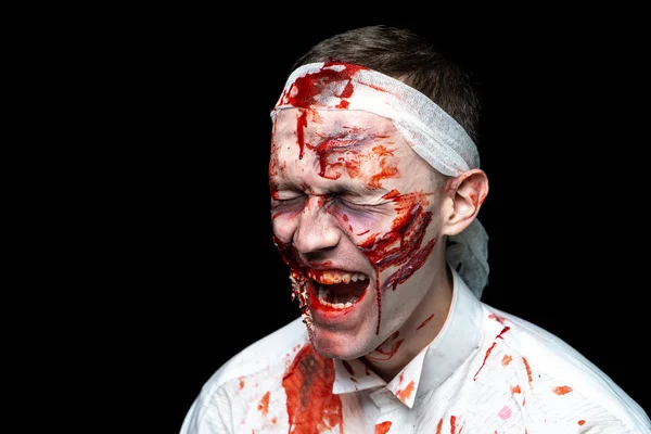Őrült Zombi Horror Alkotják Személy Fehér Ing Véres Verejték Hegek — Stock Fotó