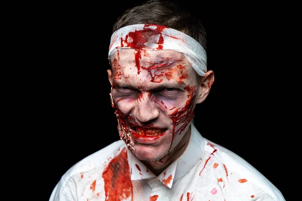 Crazy Zombie Horror Make Person White Shirt Bloody Sweat Scars — Stock Photo, Image