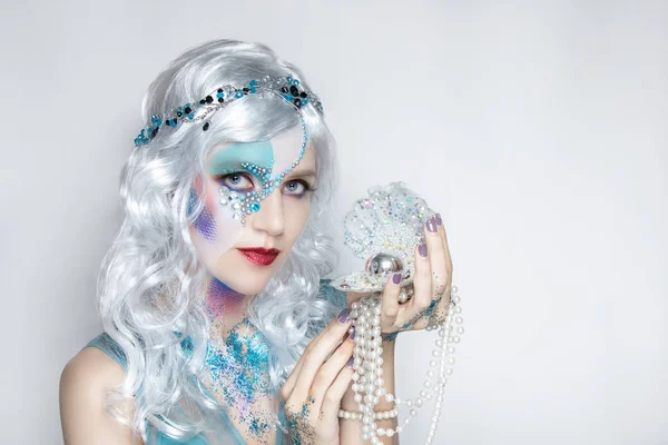 Beautiful Mermaid Girl White Wig Curly Hair Professional Makeup Artist — Stock Photo, Image