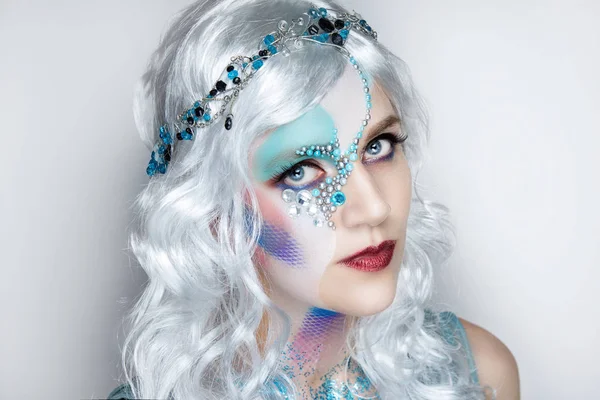 Beautiful Mermaid Girl White Wig Curly Hair Professional Makeup Artist — Stock Photo, Image