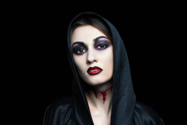 Maquillaje Vampiro Aterrador Para Halloween Corte Piel Garganta Sangre Que —  Fotos de Stock