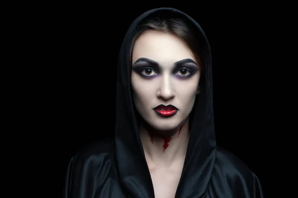 Trucco Vampiro Spaventoso Halloween Pelle Tagliata Sulla Gola Sangue Che — Foto Stock