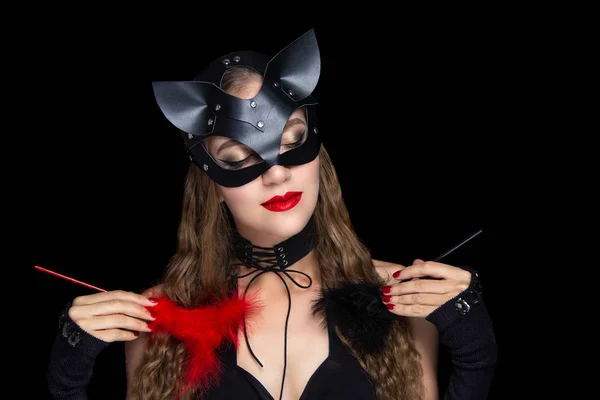 Mulher Usar Máscara Gato Encenação Sexual Maquiagem Profissional Batom Vermelho — Fotografia de Stock