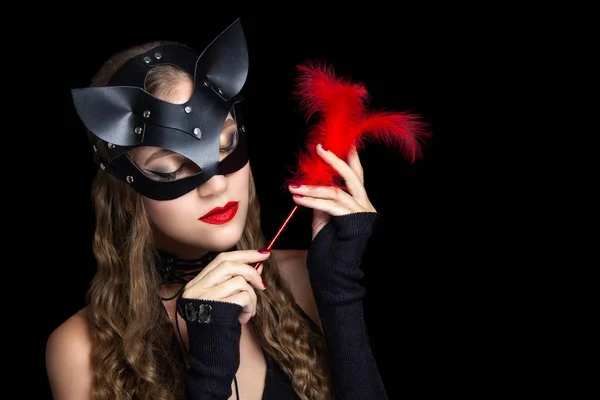 Woman Wearing Cat Mask Sexual Roleplay Professional Make Bright Red — Stock Photo, Image