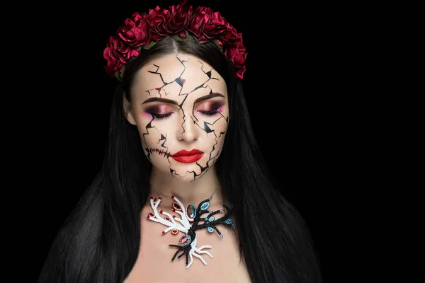 Menina Com Rachaduras Rosto Arte Conceitual Compensar Festa Halloween Mulher — Fotografia de Stock