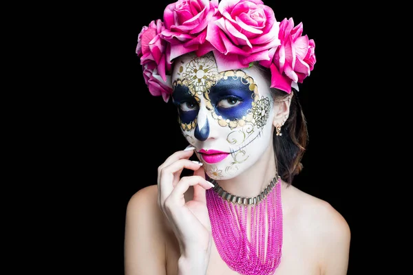 Maquillaje Arte Mujer Maquillaje Cráneo Aterrador Para Halloween Cara Arte —  Fotos de Stock